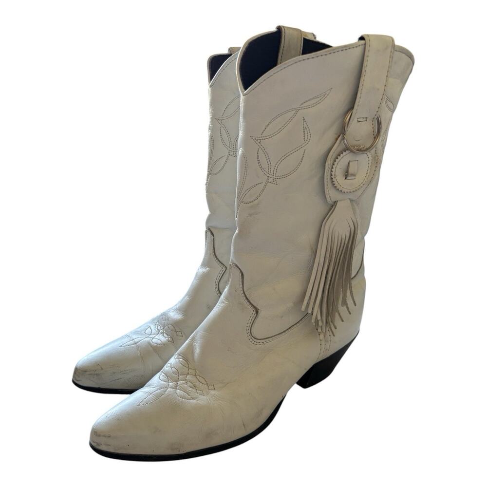 Laredo Cowboy Boots Women’s Size 8.5 Medium whites leather fringe Made In USA